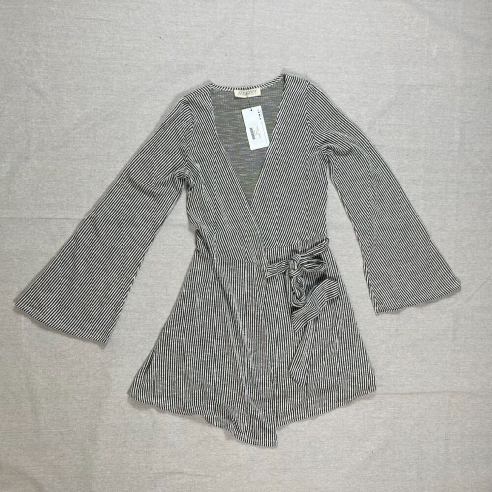 Audrey 3+1 | NWT Olive and Cream Striped Bell Sleeve Wrap Dress | Small